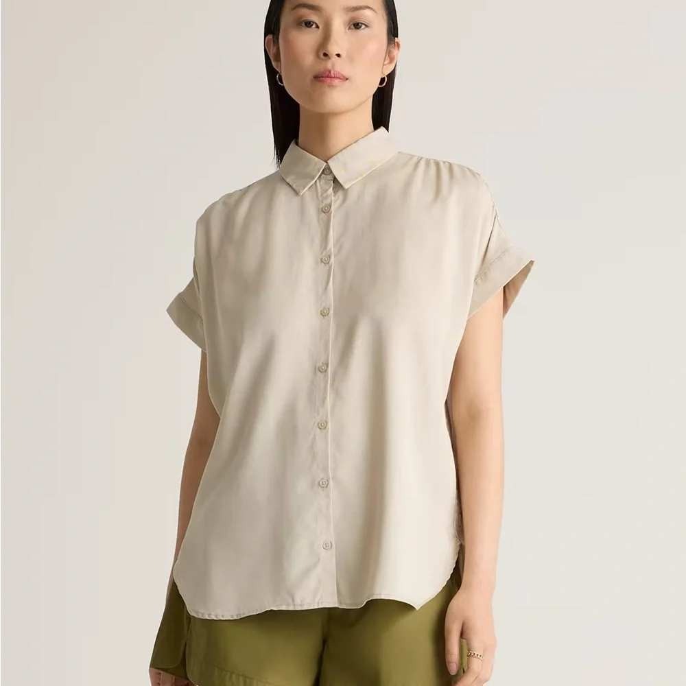 Quince Vintage Wash Tencel Camp Shirt Shale Beige Short Sleeve Button Down XS